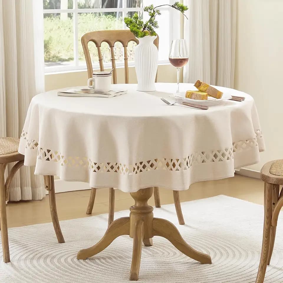 Beige Round Linen Tablecloth with Lattice Cutwork, 47 inch Round