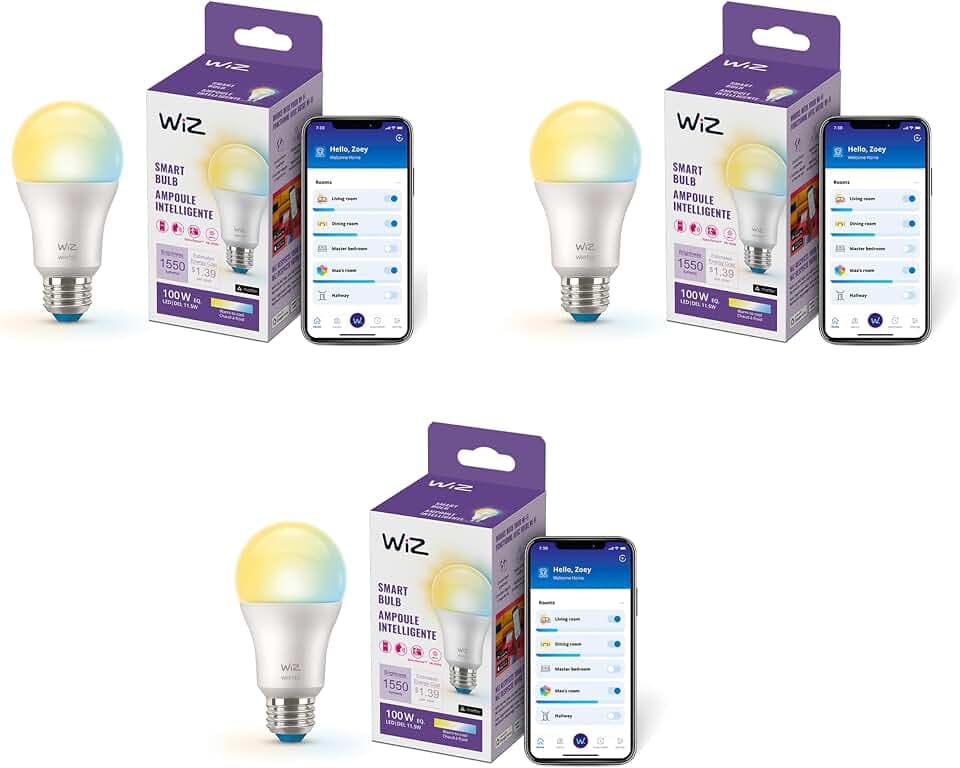 WiZ Connected 100W A19 LED Smart Light Bulbs Tunable White 3-Pack- Connects to Wi-Fi - E26 Smart Bulb - Voice or App Control + Activate with Motion - Matter Compatible