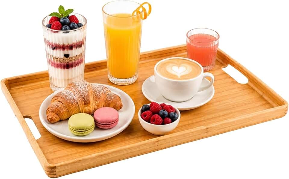 Restaurantware 19.75 x 14 Inch Breakfast Tray 1 Rectangle Tray With Handles - Rounded Edges Chip-resistant Natural Bamboo Butler Holding Serving Tray Shatterproof For Meals Snacks And Beverages
