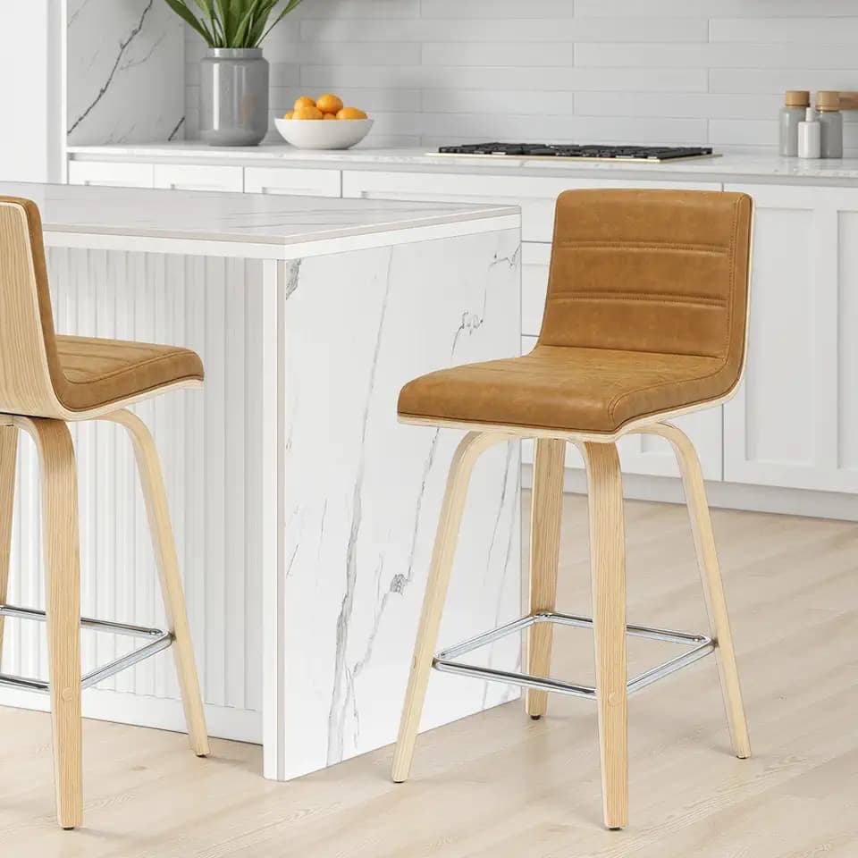 Armen Living Vienna 35.5 in. H Swivel Counter Height Camel Square Back Wood Bar Stool with Faux Leather Seat Set of 2