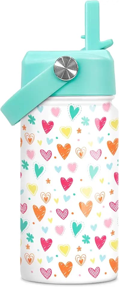 SANDJEST Kids Water Bottle with Straw Lid - Insulated 12 Oz Stainless Steel Water Bottles for Girls - Heart Water Bottle Travel Cup for School Sports