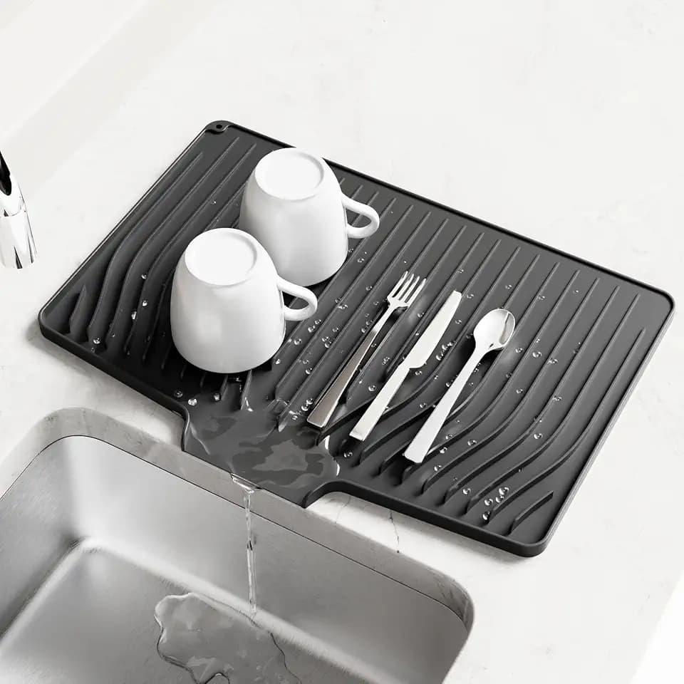 Dish Drying Mat, Silicone Dish Drying Mat for Kitchen Counter, Drainer Mat with Built-in Drain, Non-Slip, Heat Resistant Dish Drying Pad (Black, 14.6"x11.6")