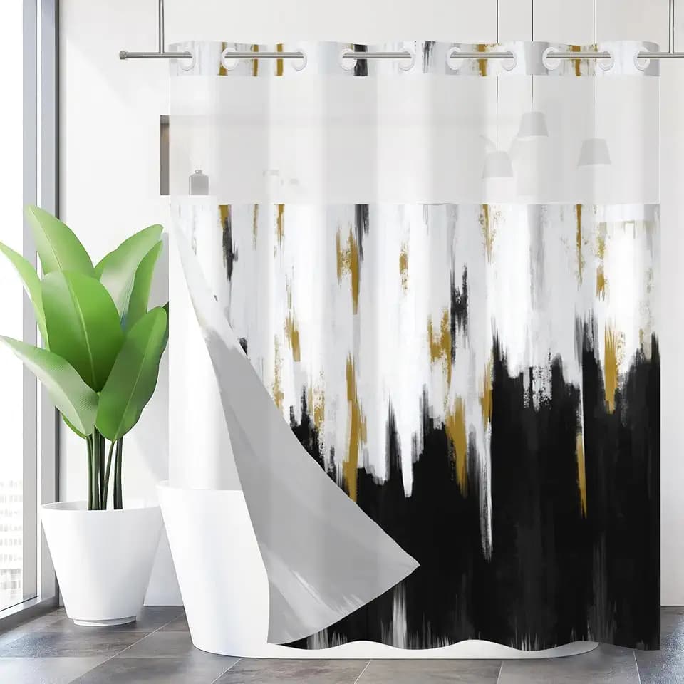 No Hook Shower Curtain with Snap in Liner, Hotel Style Black White Gold Brush Strokes Art Modern Shower Curtain Waterpoof Washable with See Through Top Window,71"x74"