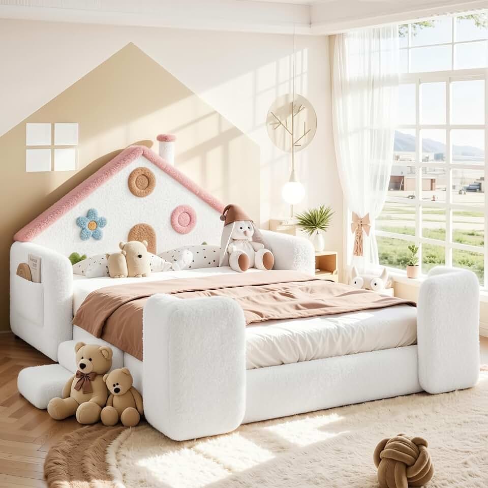Bellemave Full House Shaped Upholstered Montessori Floor Bed,White