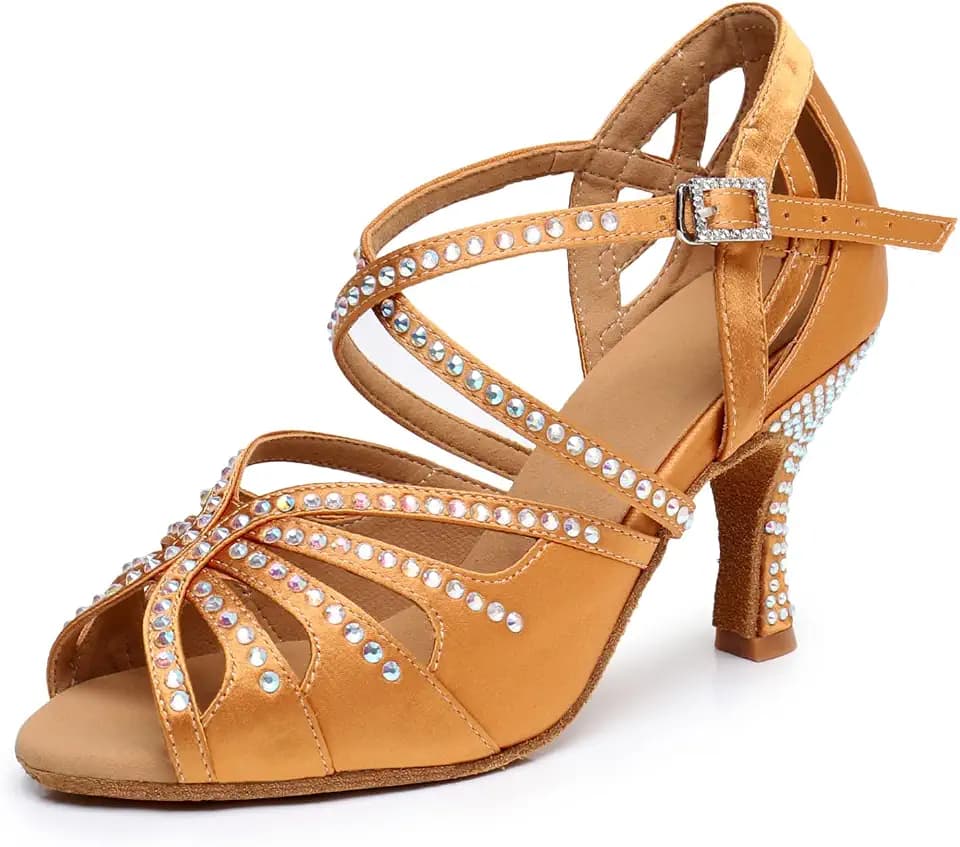 Ballroom Dance Shoes for Women – Salsa Latin Dancing Shoes, Professional 3 Inch Ladies Satin Rhinestone Dance Heels, 3"Mid Heel Suede Sole