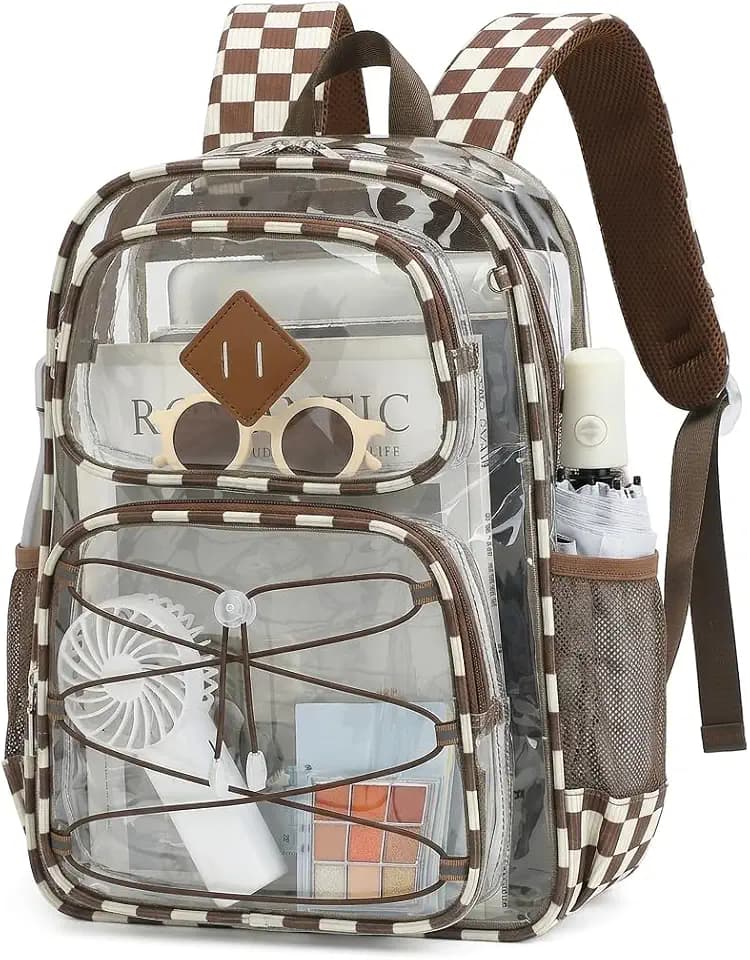 Clear Backpacks for Girls Women, Heavy Duty PVC Transparent Back Pack See Through Boys Kids Clear Bookbags for School Checkered Coffee