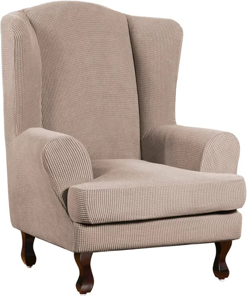 Turquoize Wingback Chair Covers 2 Piece Wing Chair Slipcover Stretch Slipcovers for Wingback Chairs Wing Chair Cover Spandex Jacquard Fabric with Elastic Bottom Non-Slip Furniture Cover, Sand