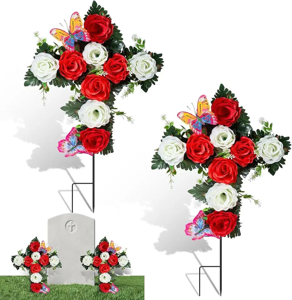 2 Pcs Father's Day Cemetery Flowers for Grave Artificial Cross Memorial Flowers with Stake Artificial Butterfly Red White Silk Rose Spring Easter Floral Bouquets for Headstone Gravesite Decor