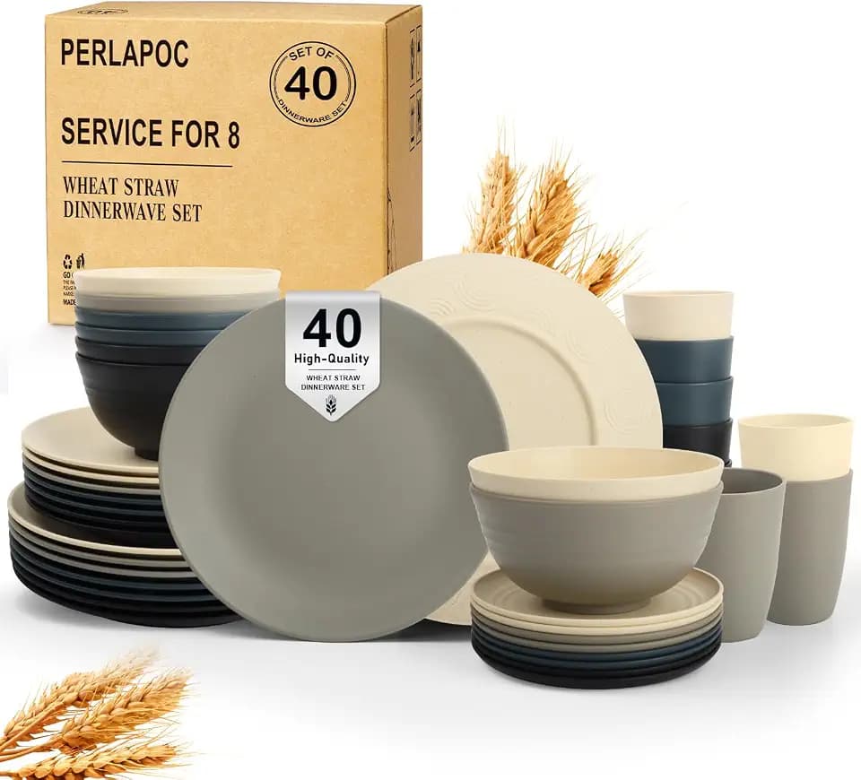 40 PCS Wheat Straw Dinnerware Set | Dishware Sets for 8 Unbreakable Plates and Bowls Sets, Drinking Glasses, Dishwasher and Microwave Safe Dish Set for KItchen - Gray Stone
