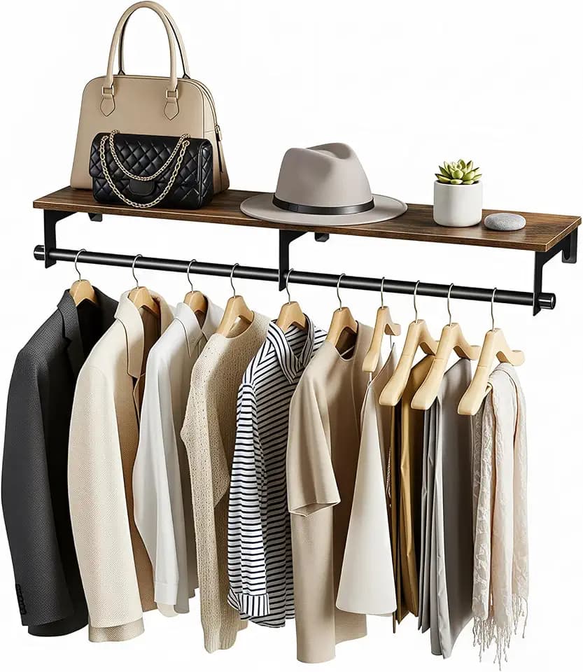 Luxspire 43.3" Wall Mount Clothes Rack with Wood Top Shelf Hanging Clothes