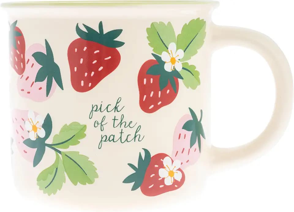 Karma, 14 oz New Bone China Camp Mug - Cute Coffee and Tea Mug - New Bone China Coffee Mugs for Women and Men, Strawberry