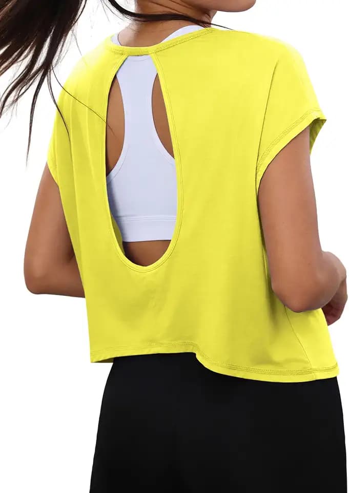Totatuit Womens Open Back Workout Tops Crop Loose Fit Short Sleeve Tshirts