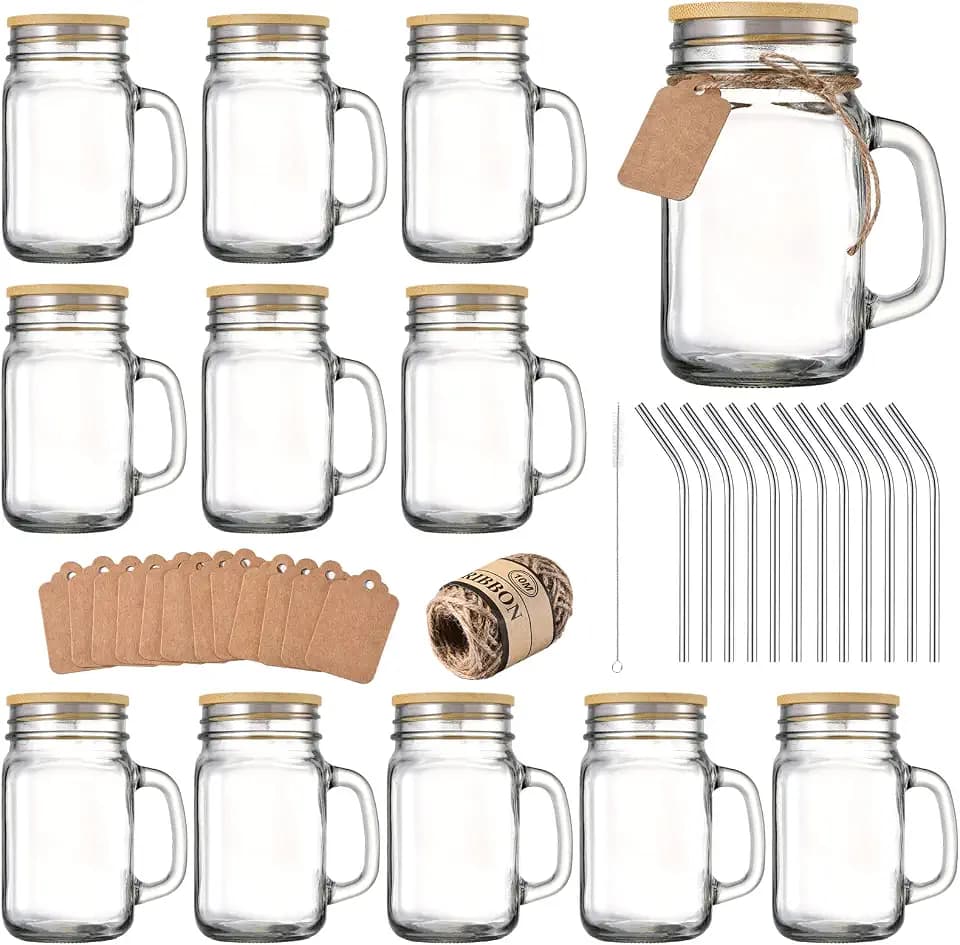 TANGLONG 16 oz Mason Jars with Handle, Mason Jar Cups, 12Pack