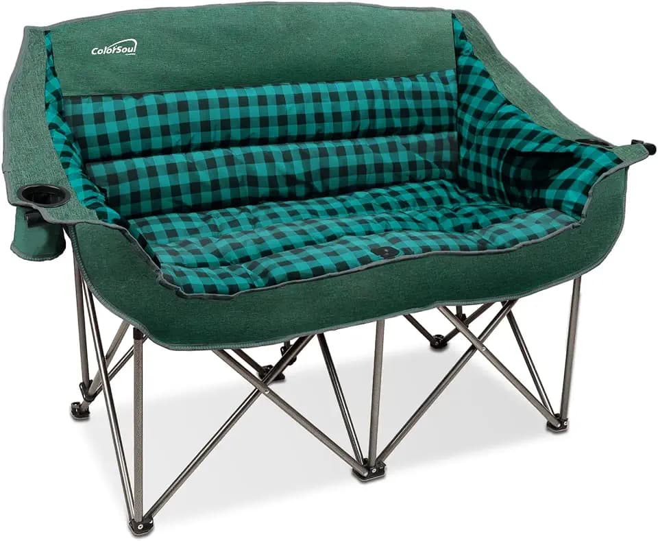 Colorsoul Double Folding Camping Chair,Fully Padded Loveseat Camping Couch,Oversized 2 Person Lawn Chair w/Cup Holder,Wine Glass Holder,Mesh Storage for Patio Picnic Beach,Support 600lbs,Green Plaid