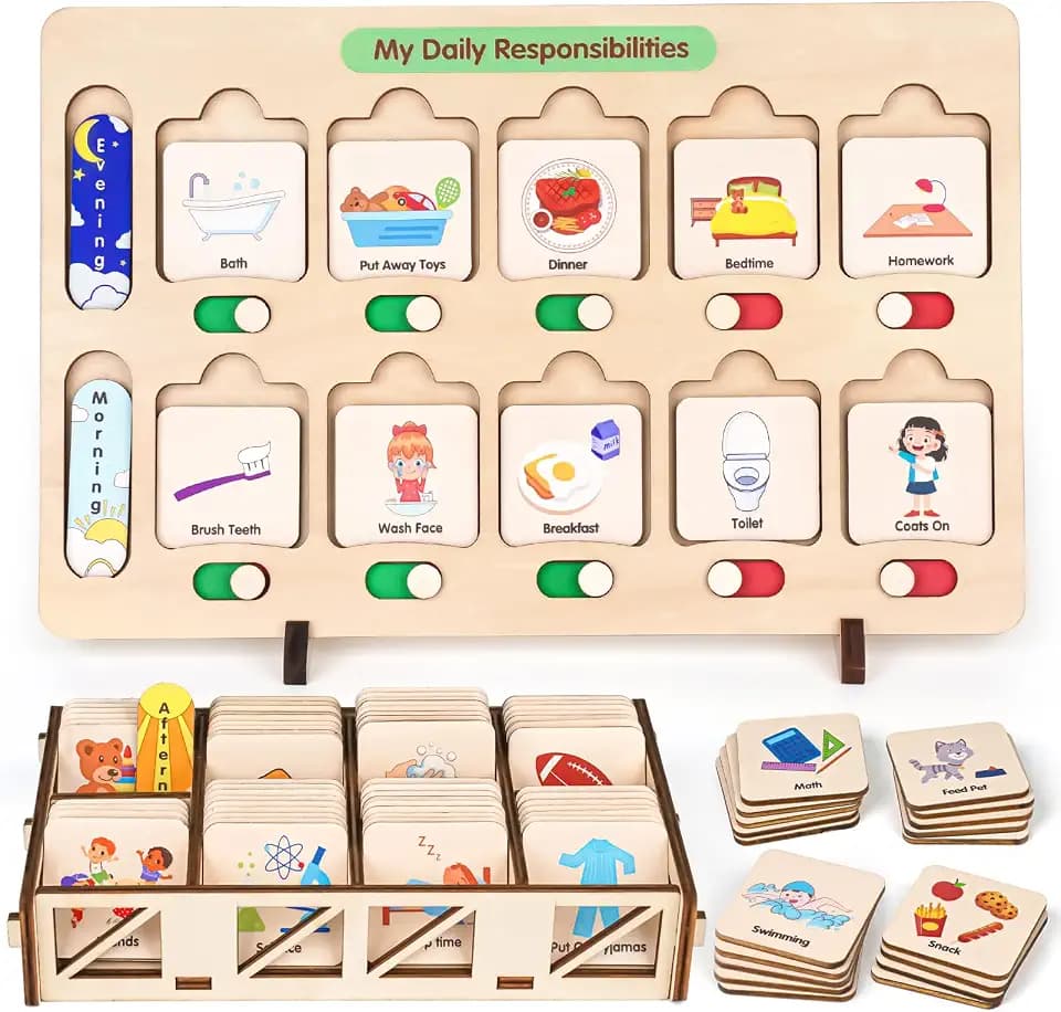 Dreamon Wooden Visual Schedule for Kids Morning and Bedtime Routine Chart