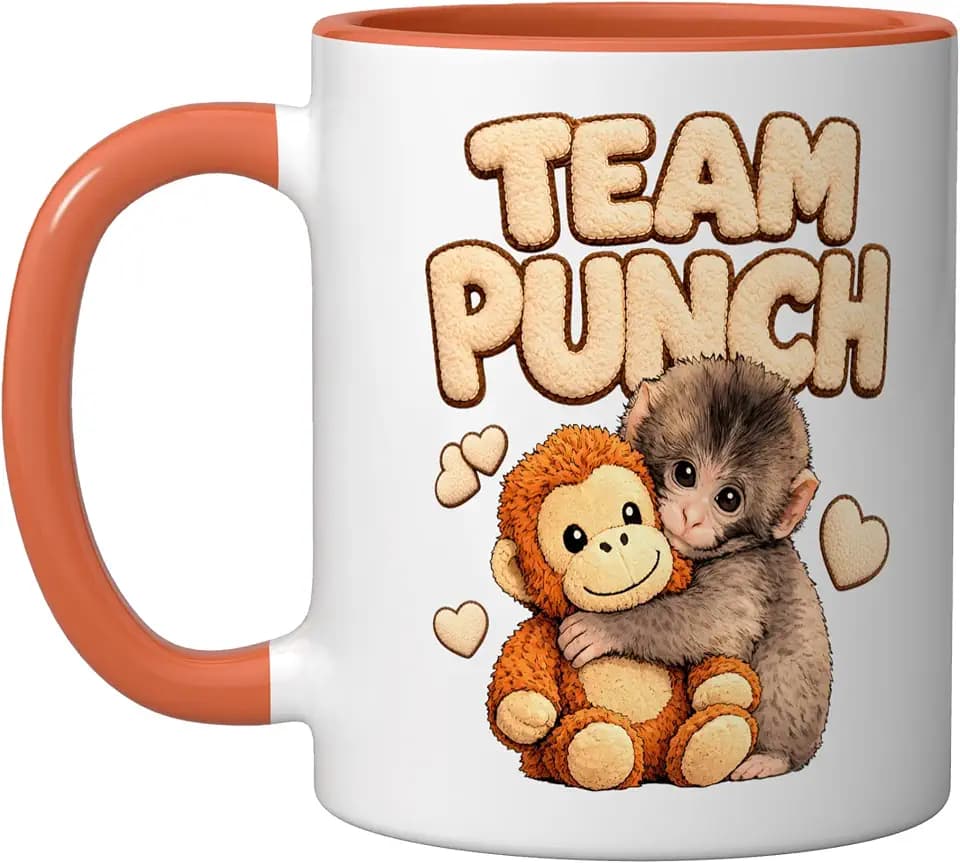 Team Punch - Punch Monkey Hug Mama Monkey Plush Ceramic Mug, Orange/White, 11oz