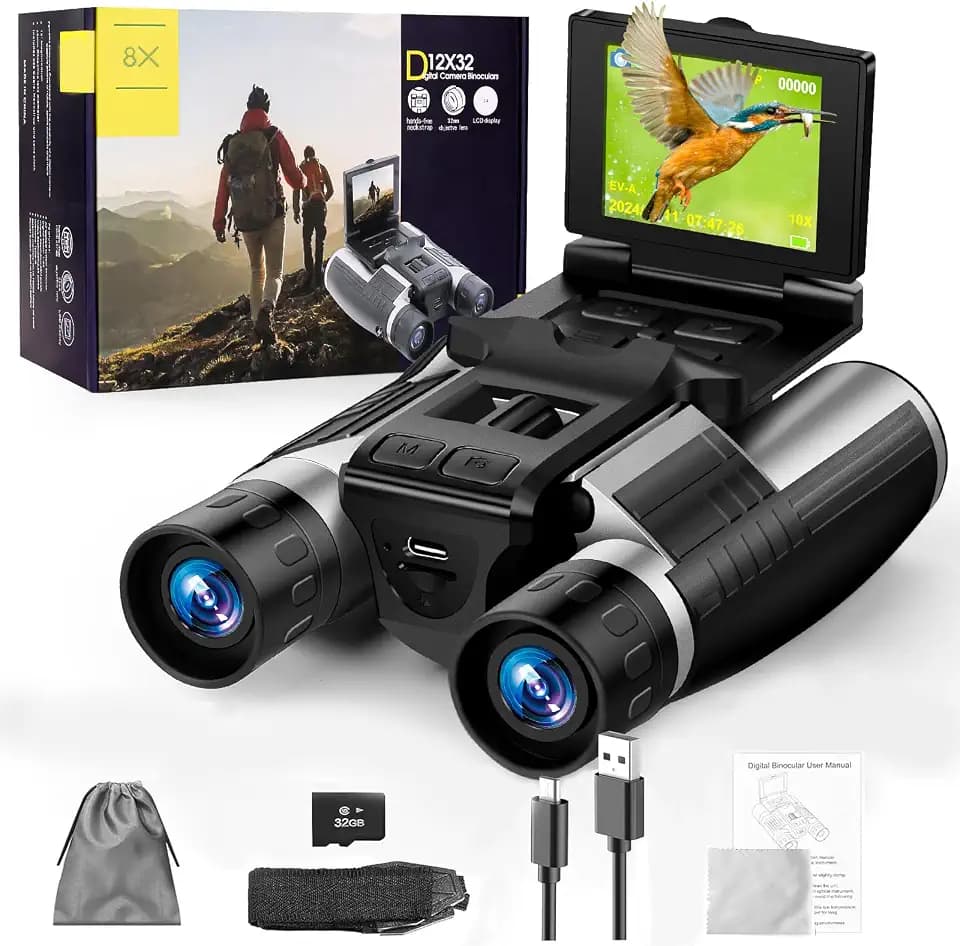 Digitales Fernglas mit LCD-Bildschirm von 2,4 Zoll und Kamera, 12 x 32 Zentimeter, für Erwachsene, 48 MP, 2,5K, HD-Videos für Vogelbeobachtung, Konzerte und Abenteuer im Freien, 16 GB