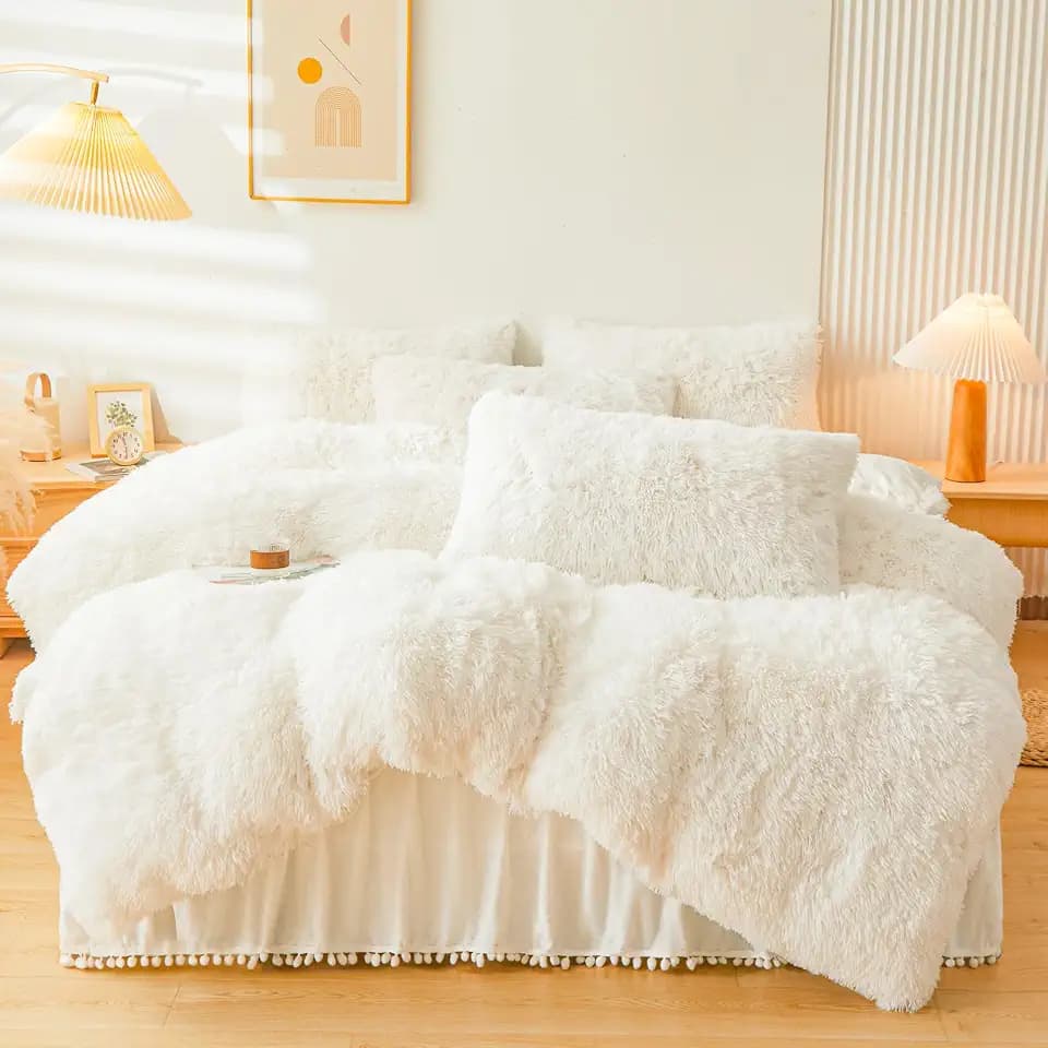 Fluffy Beige Comforter Cover Set King,Fluffy Fuzzy Plush Bedding 3Pcs (1 Faux Fur Duvet Cover +2 Faux Fur Pillowcases) Cream Bed Set(Beige, King)