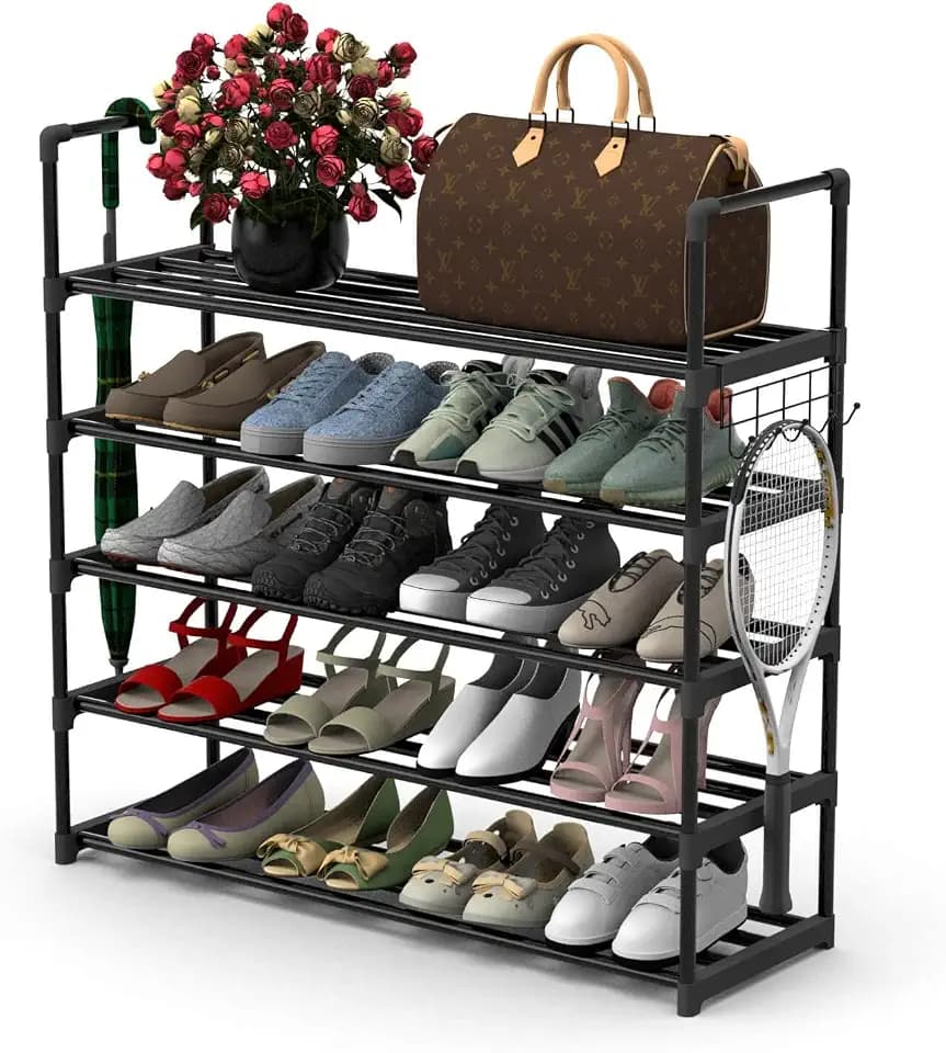 Hsscblet Shoe Rack for Closet, 5-Tier Metal Shelf Storage with Hooks, Black