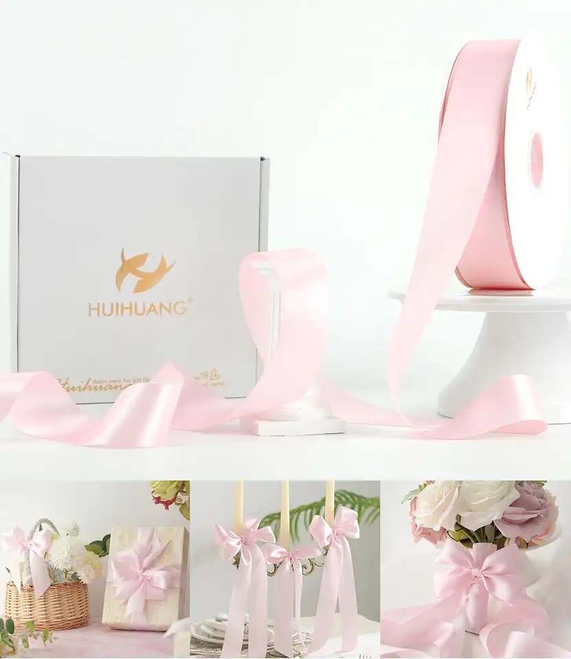 HUIHUANG Pink Double Faced Satin Ribbon 1-1/2 inch Continuous 100 Yards
