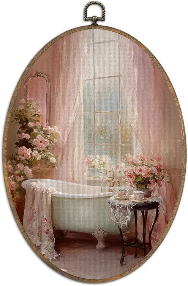 SHQIEUDH Pink Flowers Bathroom Oval Wall Art 8.6x11.4, Cottagecore Botanical Framed Canvas Prints Artwork, Vintage Pink Roses Oval Wall Hanging Decor for Toilet Restroom Home Bathroom