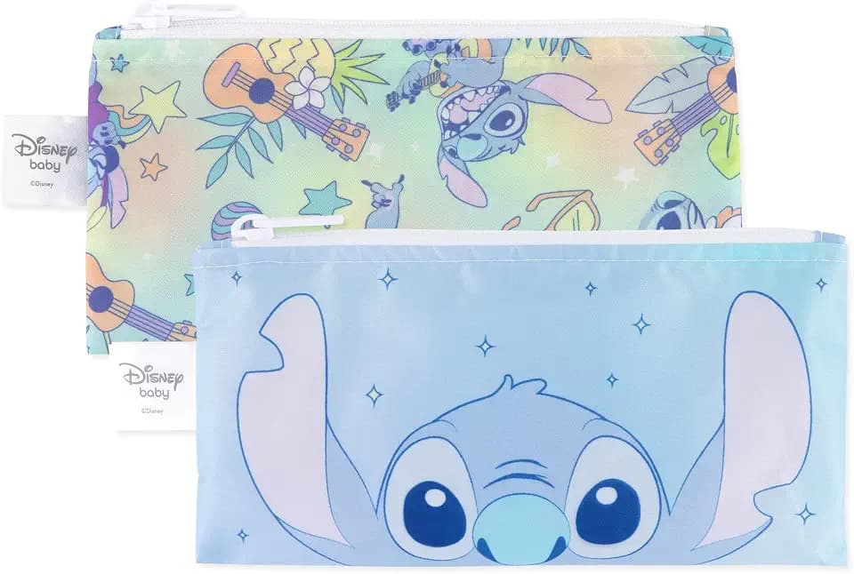 Bumkins Reusable Snack Bags, for Kids School Lunch and for Adults Portion, Washable Fabric, Waterproof Cloth Zip Bag, Supplies Travel Pouch, Food-Safe Storage, 2-pk Disney Stitch