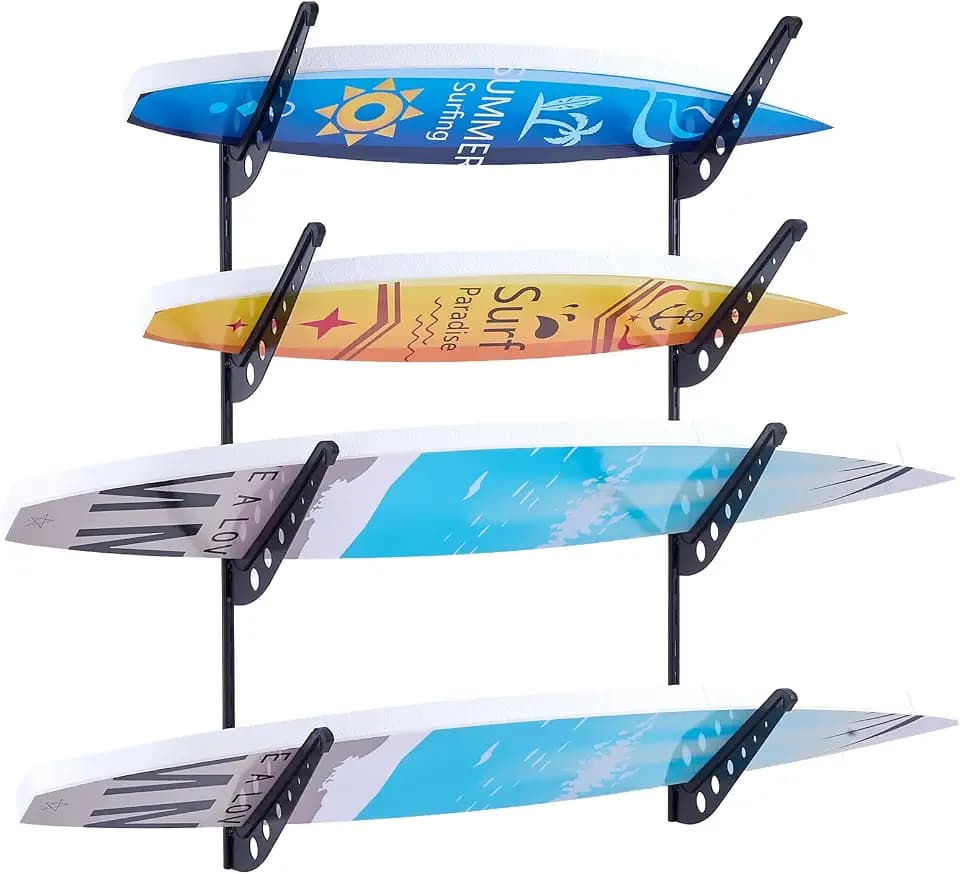 VEVOR Surfboard Wall Mount, 4 Tiers Horizontal Surfboard Rack for Storage and Display, Adjustable Height Metal Board Stand Organizer, Surf Board Holder for Snowboards, Kiteboards, Shortboard, Skis