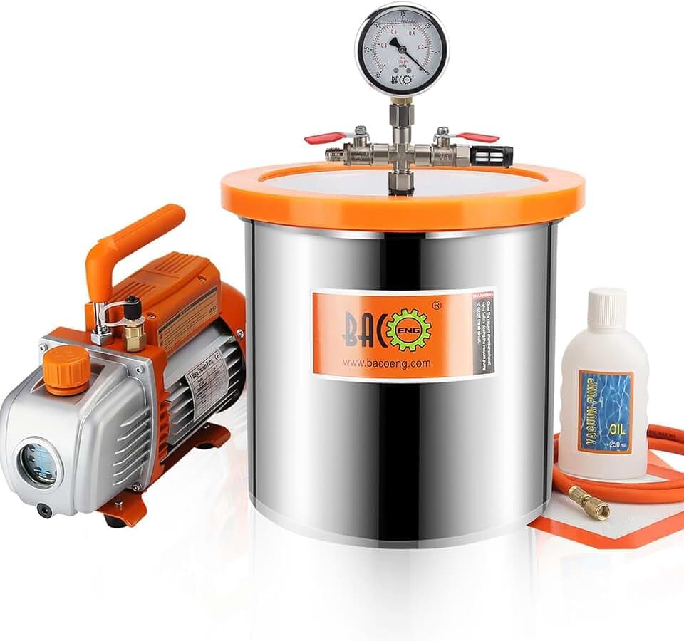 BACOENG 3 Gallon Tempered Glass Lid Vacuum Chamber with Pump, Stainless Steel Degassing Chamber Kit for Resin, Silicone, Epoxies, Stabilizing Wood and Fishing Baits