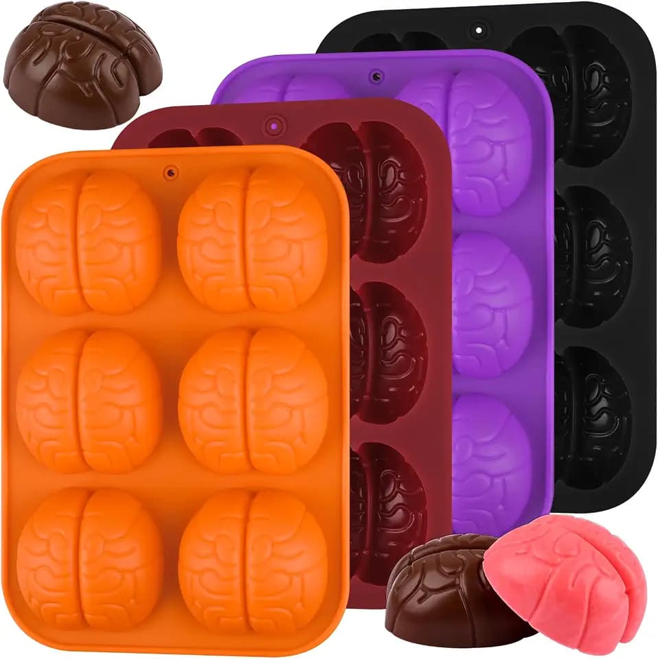 HUAKENER 4 Pack Brain Chocolate Molds, Silicone Brain Candy Mold, Halloween Chocolate Molds for Hot Cocoa Bomb, Jelly, Gummy, Cake Cupcake Decor