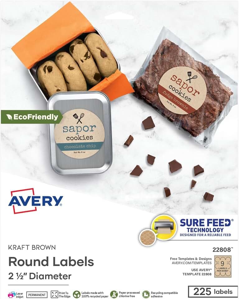 Avery Kraft Brown Round Labels with Sure Feed Technology, 2.5" Diameter, Print to the Edge, Laser/Inkjet Printable Labels, 225 Total (22808)