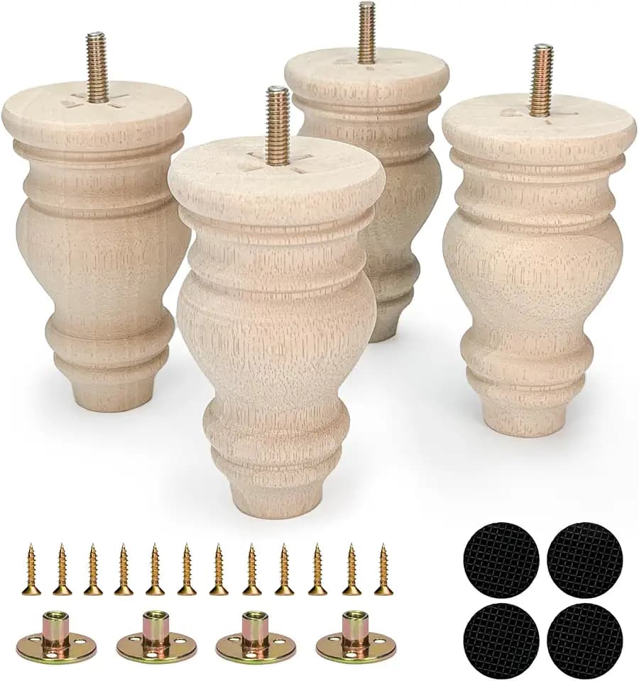 5 Inch Wood Furniture Legs Set of 4 Round Bun Feet Unfinished Replacement