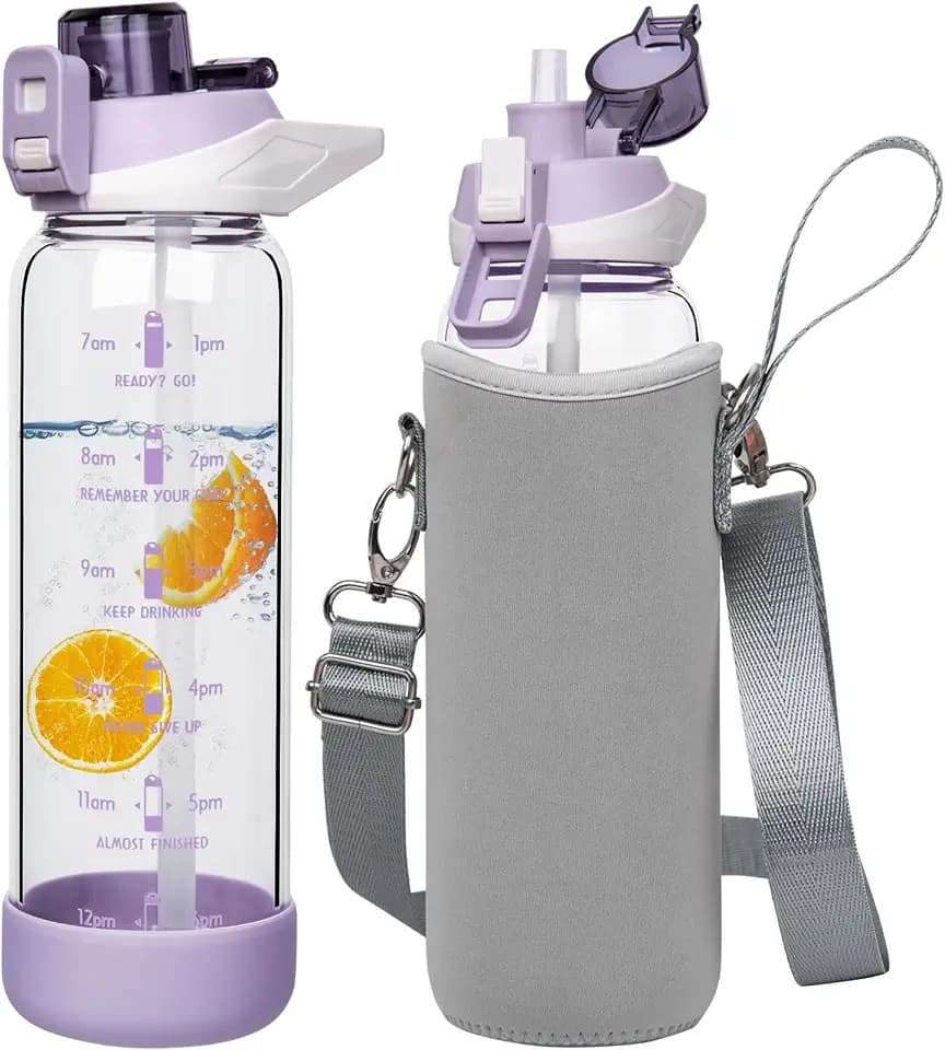 26 oz Sports Glass Water Bottle with Straw & Time Marker, Motivational Daily Glass Drinking Bottle with Strap for Bike, Walking, Travel