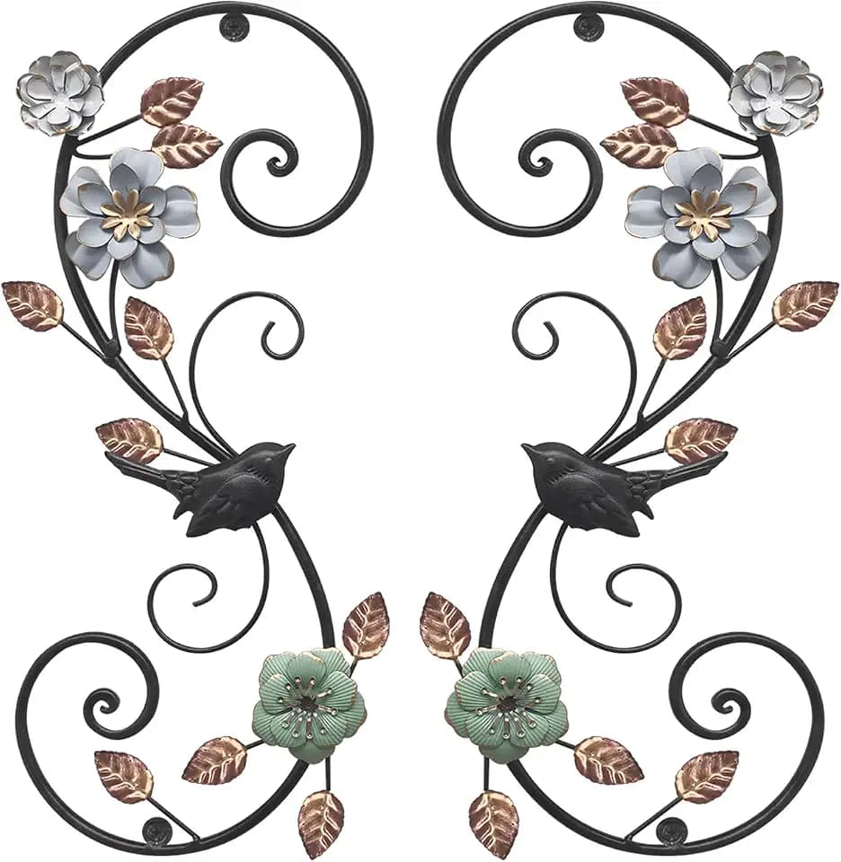 Birminwind 3D Metal Flower Wall Art: 2pcs Vintage Floral Wall Décor with Leaves Bird for Room, 15.16"