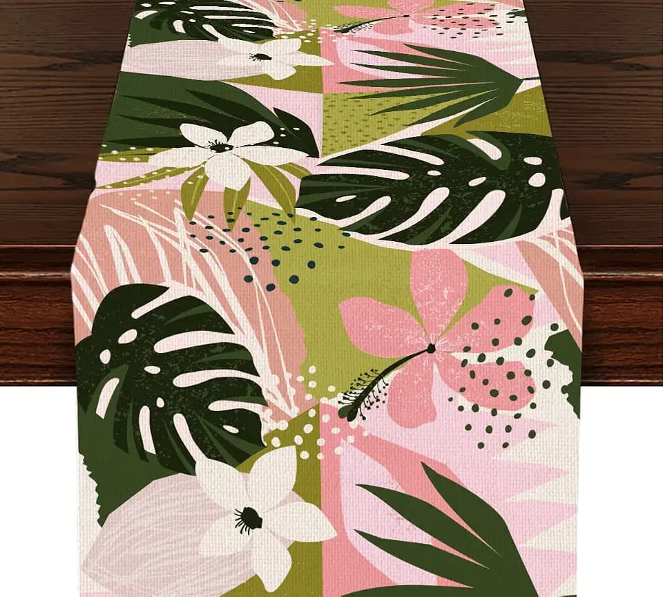 Lovely Modern Style Palm Leaves Table Runner, Kitchen Dining Table Decor Table Runners for Indoor Outdoor Home Holiday Birthday Party Decoration, 13 x 72 Inch