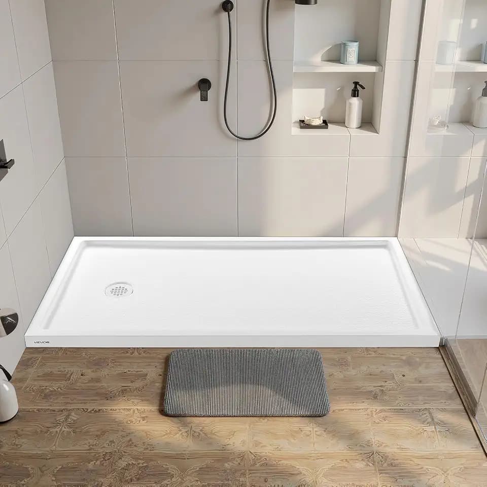 Shower Pan, 60″ L x 32″ W Single Threshold Shower Base, Rectangle Acrylic & PVC Showering Base in White, Slip-Resistant Showering Pan Bases with Drain & Cover for Bathroom, Left Drain Location