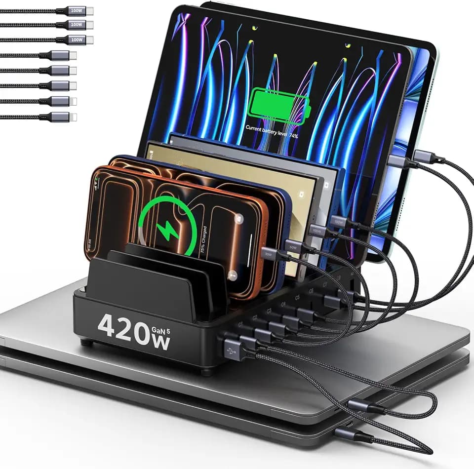 420W Ladestation Mehrere Geräte USB C Charging Station, GaN PD3.0 10 Anschlüsse Handy Ladestation Desktop Ladegerät mit Schnell-Laden Kompatibel mit MacBook Pro/Air, iPhone, Galaxy