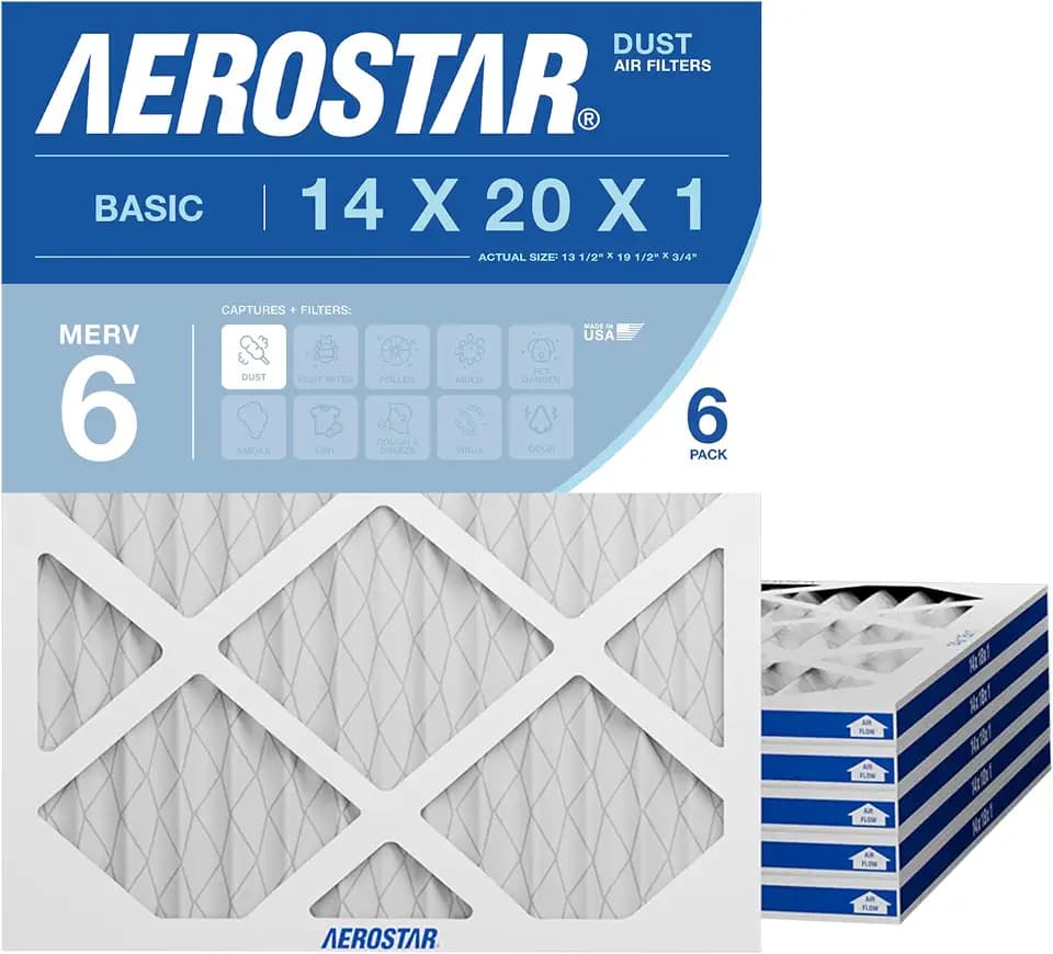 Aerostar 14x20x1 MERV 6 Air Filter, 6 Count, ACTUAL SIZE (13.50 x 19.50 x 0.75), HVAC, Air Conditioning & Furnace Filter for Dust, Lint & Pollen Control (MPR 300 / FPR 3), Made in USA