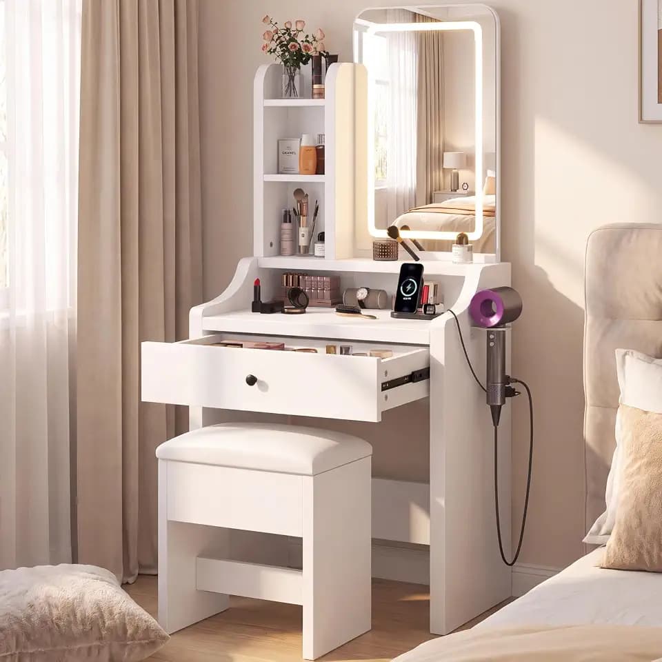 Small Vanity Desk with LED Light Mirror and Storage Bench, White