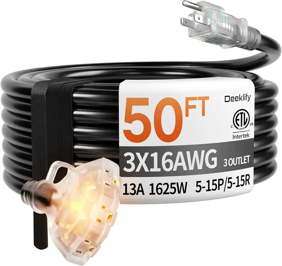 50FT 16 Gauge Black Outdoor Extension Cord with Multiple Outlets