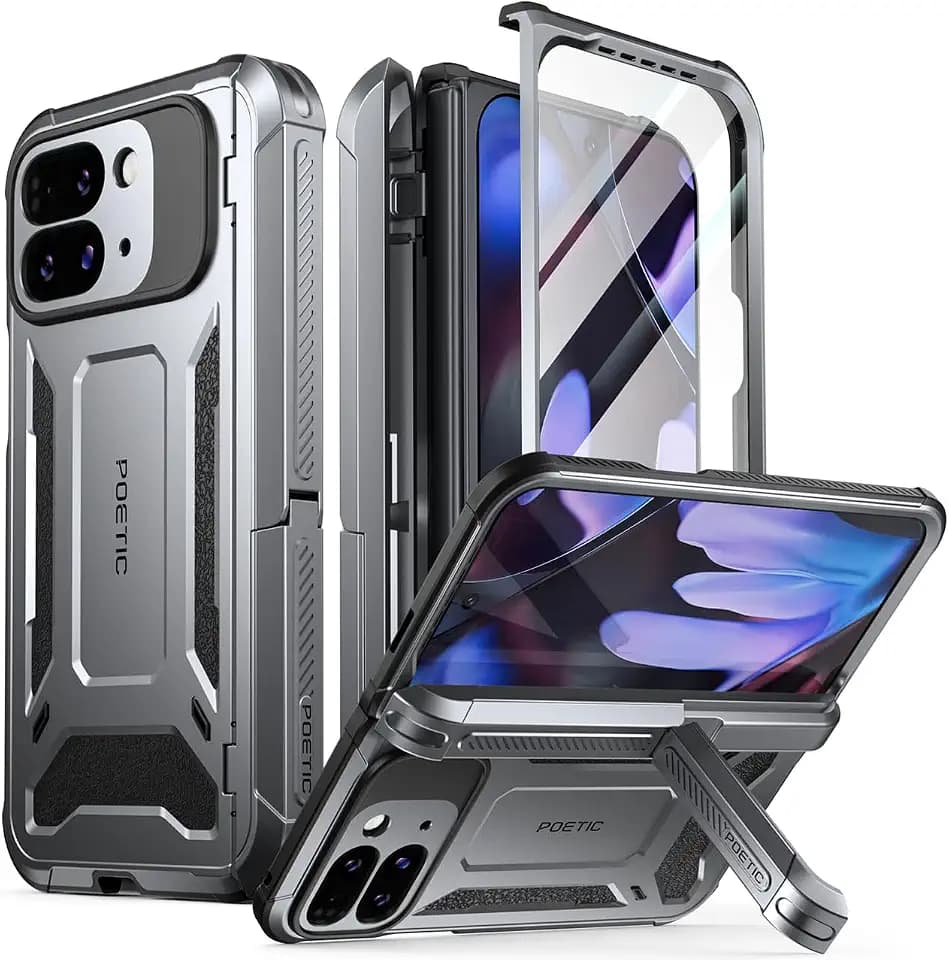 Poetic Spartan Schutzhülle für Google Pixel 9 Pro Fold 5G, Scharnierschutz, Ständer, militärischer Schutz, stoßfest, robuste Schutzhülle mit integriertem Displayschutz, metallisches Gunmetal