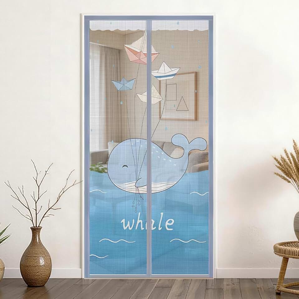 (Fine Mesh) Magnetic Screen Door 39 x 83 Inch Hands Free Door Screen with Magnetic Closure Fine Mesh Screen Net for Patio Porch Balcony Front Door Blue Whale Pattern