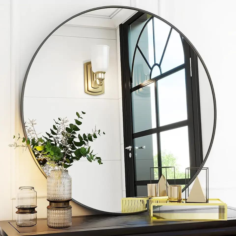 VooBang Black Round Bathroom Mirror 30", Thin Metal Frame Wall Mirror
