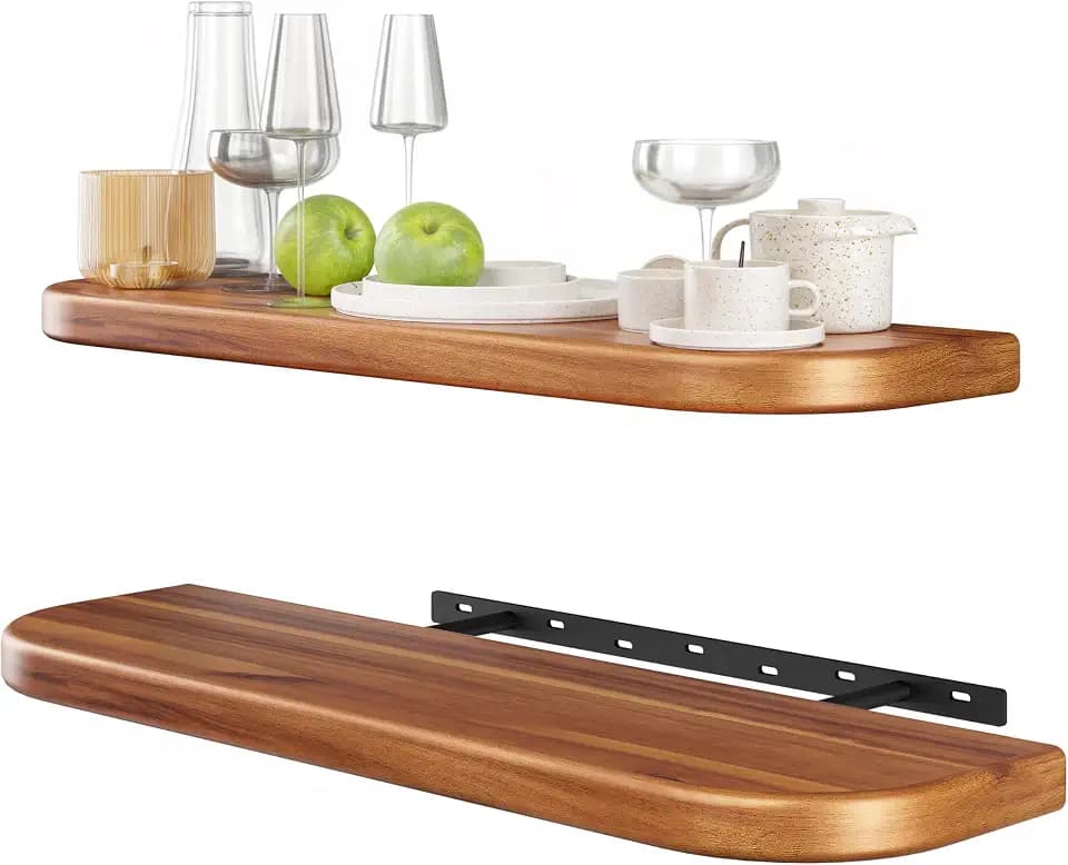 BATODA 24" Acacia Wood Floating Shelves Wall Mounted (Round Edge) – Rustic Farmhouse Wooden Wall Storage Shelf for Bedroom, Kitchen - Brackets and Shelving Hardware Included (Acacia,24 Inch Length)