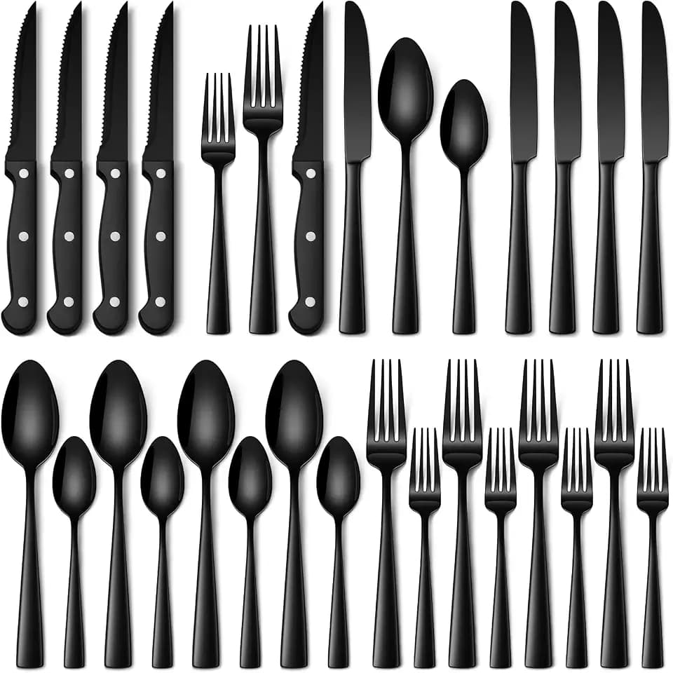 Stapava 24 Pcs Black Silverware Set with Steak Knives, Food-Grade Stainless Steel Flatware Set for 4 Mirror Polished Cutlery Utensil Sets Include Dinner Knives Spoons and Forks Set Dishwasher Safe