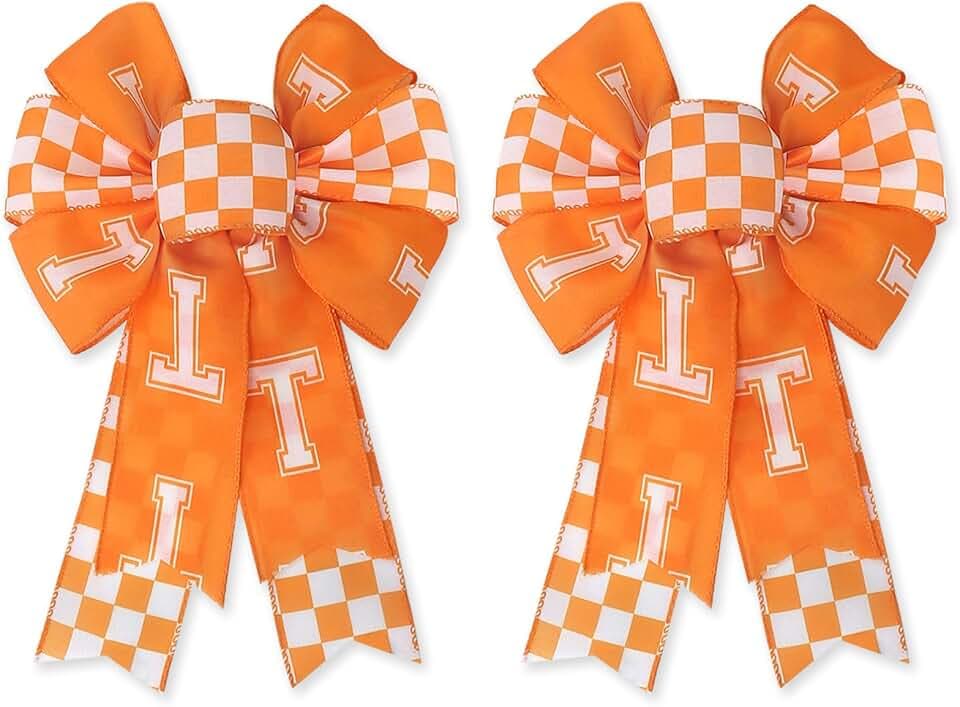 2PCS Tennessee Wreath Bows White Orange Checkered Burlap Bows for Wreaths, Sports Party Fabric Linen Ribbon Bow for Tennessee Vols Gifts Home Indoor Outdoor Decoration Wreath Ornament Supplies