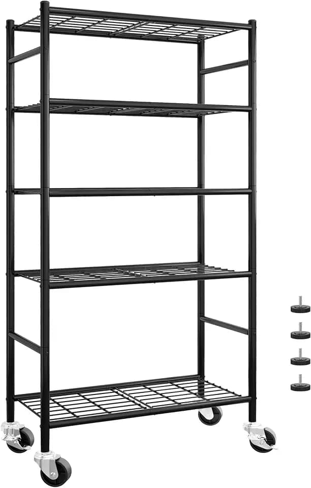 Sakugi 5-Tier Storage Shelves 33.1" x12.6" x73.5" Black with Wheels