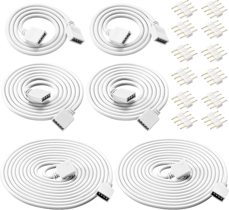 Honoson 6 Pieces 4 Pin RGB Extension Cable Kit, 1.6,3.3,6.6 ft, White