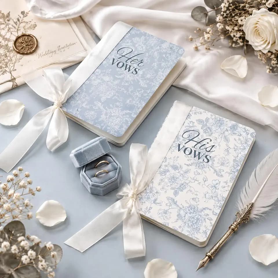 Engrowtic 2 Pcs Wedding Vow Books His and Hers Blue Floral Ribbon