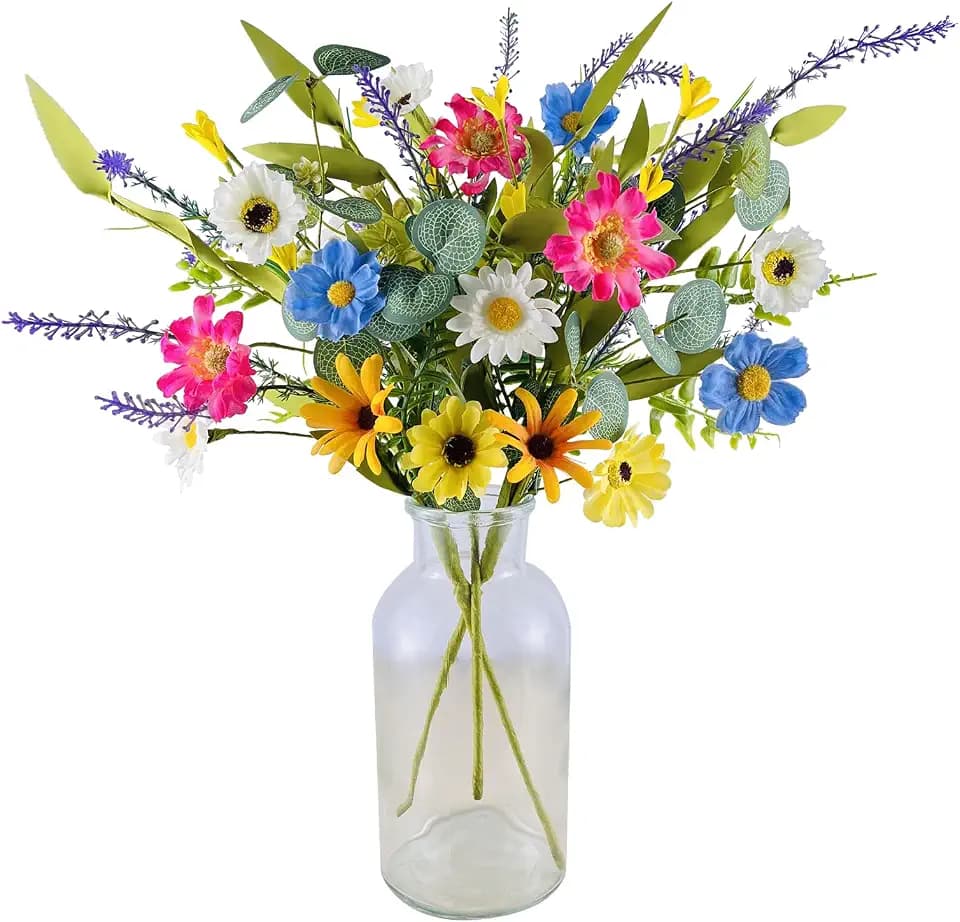 3 Bundles Artificial Daisy Flowers Fake Wildflowers Bouquet Silk Spring Summer Flowers Colorfull Faux Wild Flowers for Home Indoor Kitchen Table Vase Wedding Party Decoration