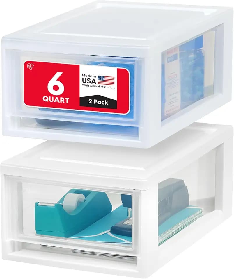 IRIS USA 2-Pack, 6 Qt. Small Stacking Drawer Storage Organizer, White